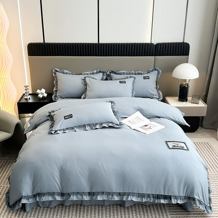 小主驾到 2023新款韩版公主风荷叶边少女心四件套黑色蕾丝纱-画纱 画纱浅灰