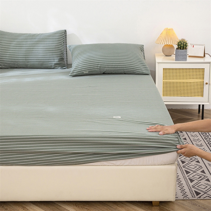 91家纺网 家纺一手货源 找家纺 首爱家纺 2025新款纯棉老粗布床笠 条纹绿