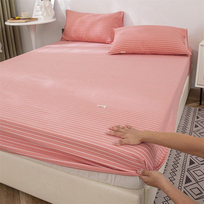 91家纺网 家纺一手货源 找家纺 首爱家纺 2025新款纯棉老粗布床笠 条纹粉