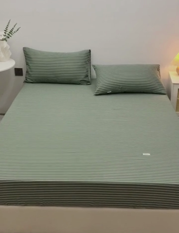 91家纺网 家纺一手货源 找家纺 棉乐町 2025新款老粗布床笠 条纹绿