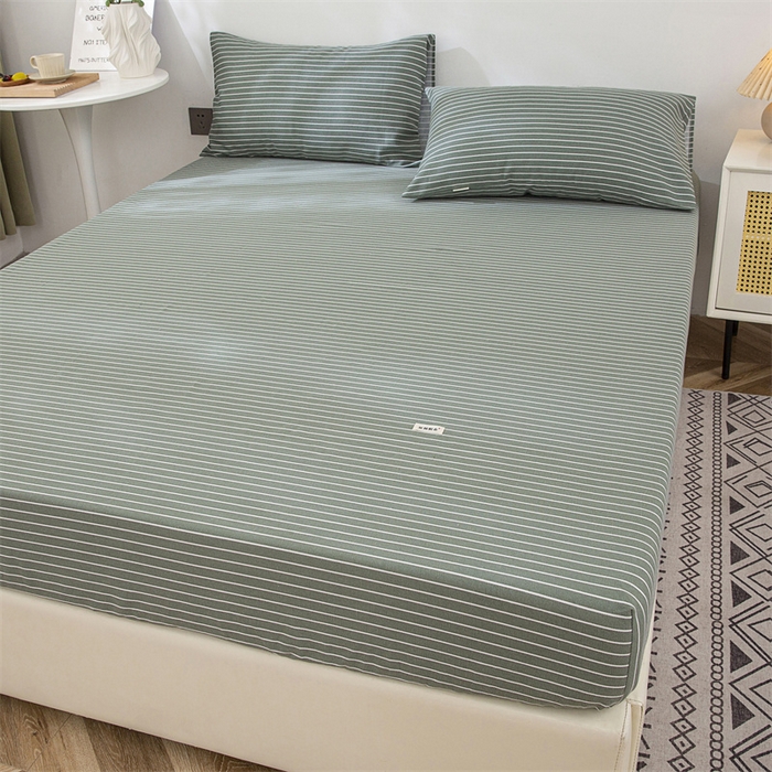 91家纺网 家纺一手货源 找家纺 棉乐町 2025新款老粗布床笠 条纹绿