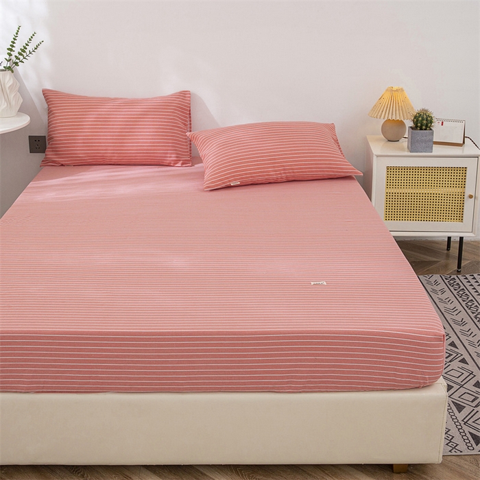 91家纺网 家纺一手货源 找家纺 首爱家纺 2025新款纯棉老粗布床笠 条纹粉