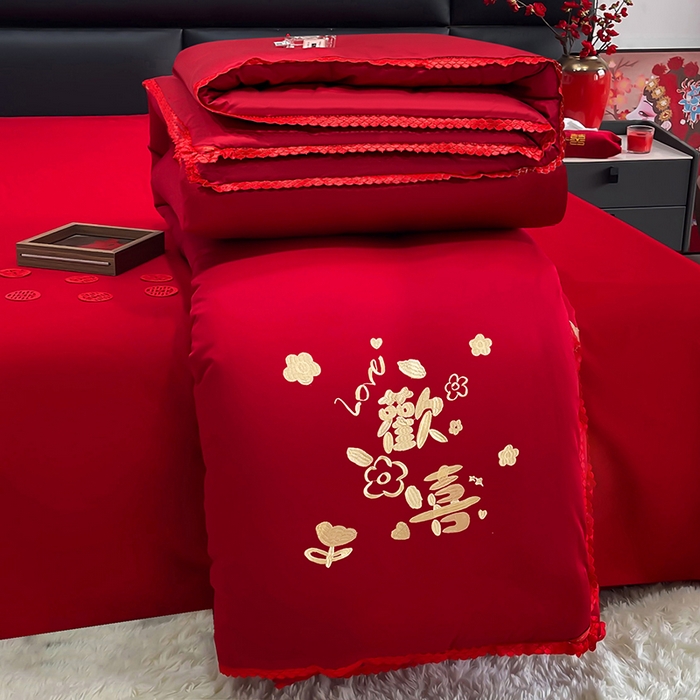 91家纺网 家纺一手货源 找家纺 卓缦家纺 2024新款蕾丝款婚庆喜被大红婚庆被春秋被冬被 小欢喜