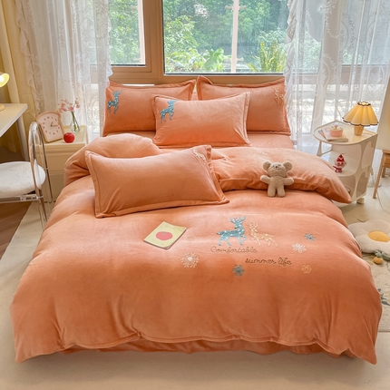 91家纺网 家纺一手货源 找家纺 恋佳 2023新款加厚保暖牛奶绒毛巾绣四件套 七彩鹿桔色