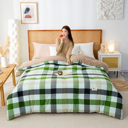 鸣升家纺 新款无印风全棉色织水洗棉100%棉花被冬被被子被芯 海青鲜绿格