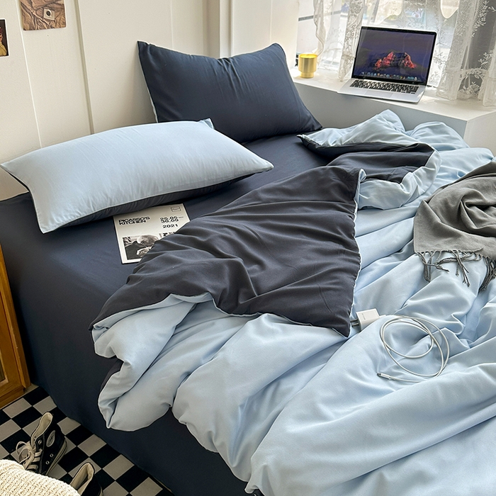 91家纺网 家纺一手货源 找家纺 优迈 新款纯色双拼水洗棉亲肤磨毛四件套-单被套枕套床笠双拼-海蓝灰