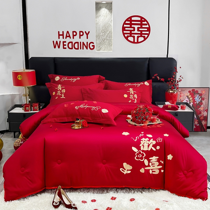 91家纺网 家纺一手货源 找家纺 卓缦家纺 2024新款蕾丝款婚庆喜被大红婚庆被春秋被冬被 小欢喜