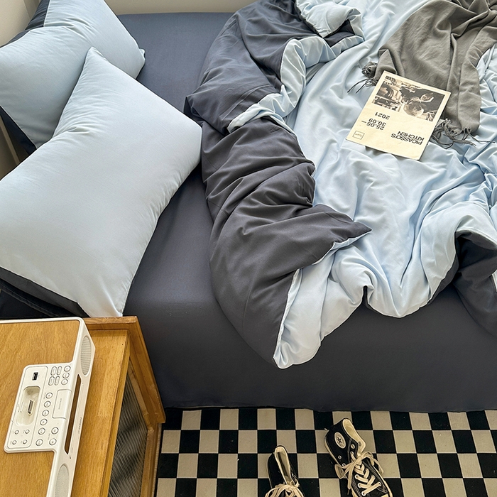 91家纺网 家纺一手货源 找家纺 优迈 新款纯色双拼水洗棉亲肤磨毛四件套-单被套枕套床笠双拼-海蓝灰