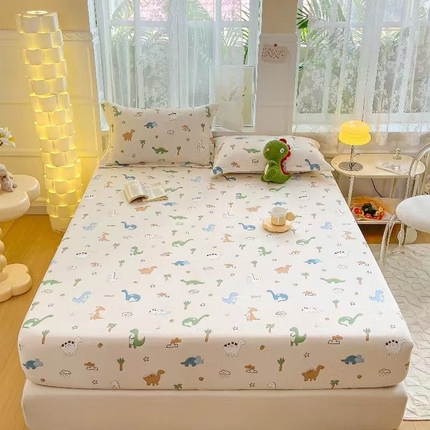 91家纺网 家纺一手货源 找家纺 玖琳 2023新款超柔提花小竺棉双层纱单床笠床笠三件套 恐龙之家