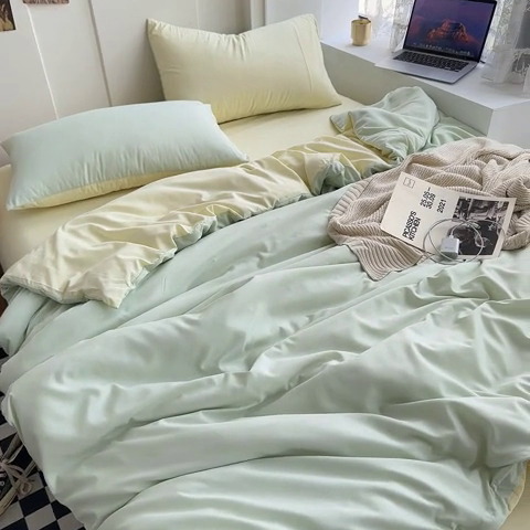 91家纺网 家纺一手货源 找家纺 优迈 新款纯色双拼水洗棉亲肤磨毛四件套-单被套枕套床笠双拼-薄荷芝士
