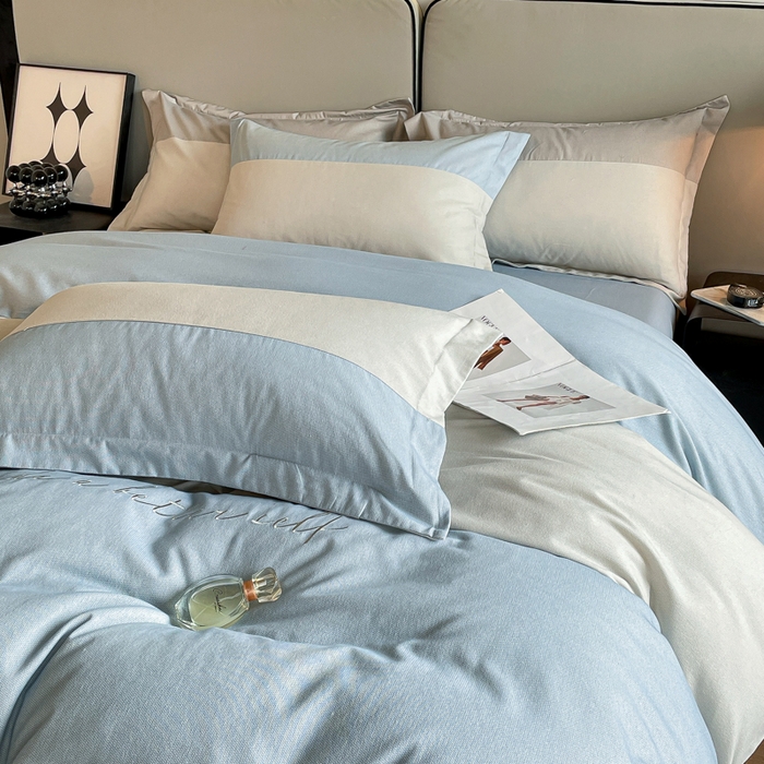 91家纺网 家纺一手货源 找家纺 金麦 2023新款全棉磨毛原棉宽边刺绣四件套系列-梦娜 梦娜-蓝