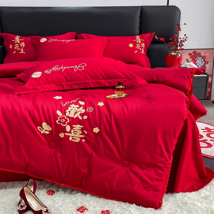 91家纺网 家纺一手货源 找家纺 卓缦家纺 2024新款蕾丝款婚庆喜被大红婚庆被春秋被冬被 小欢喜