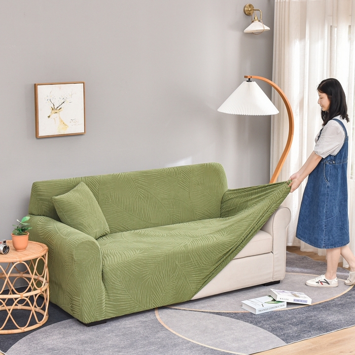 91家纺网 家纺一手货源 找家纺 逐日沙发套 2023新款防水提花沙发套直排-羽叶 提花防水-羽叶 绿色