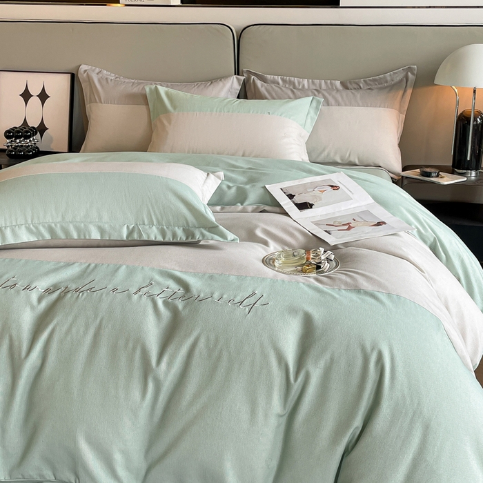 91家纺网 家纺一手货源 找家纺 金麦 2023新款全棉磨毛原棉宽边刺绣四件套系列-梦娜 梦娜-冰川灰