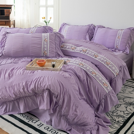 91家纺网 家纺一手货源 找家纺 你好美丽 2025新款泡泡纱刺绣花边四件套 泡泡纱-薰衣紫