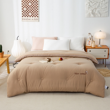 鸣升 23新款棋盘格全棉花被色织水洗棉100%冬被被子 棋盘格-浅驼