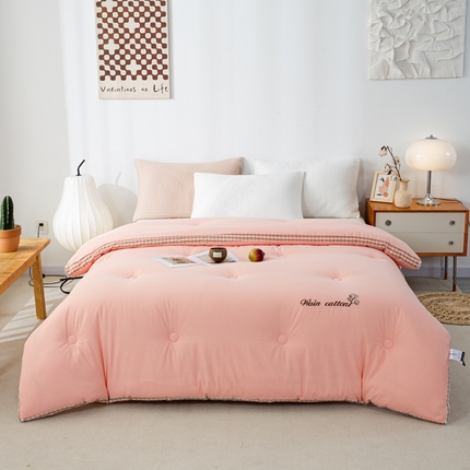 鸣升 23新款棋盘格全棉花被色织水洗棉100%冬被被子 棋盘格-浅粉