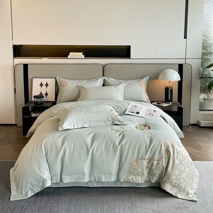 91家纺网 家纺一手货源 找家纺 金麦家纺 2023新款全棉磨毛原棉宽边刺绣四件套系列-丽莎 丽莎-淡雅绿