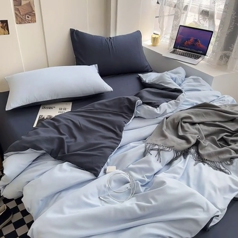 91家纺网 家纺一手货源 找家纺 优迈 新款纯色双拼水洗棉亲肤磨毛四件套-单被套枕套床笠双拼-海蓝灰