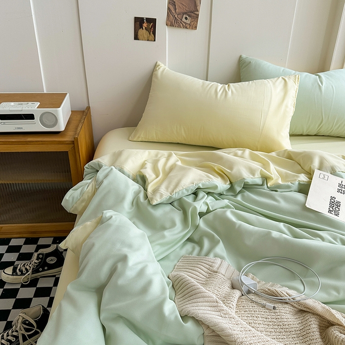 91家纺网 家纺一手货源 找家纺 优迈 新款纯色双拼水洗棉亲肤磨毛四件套-单被套枕套床笠双拼-薄荷芝士