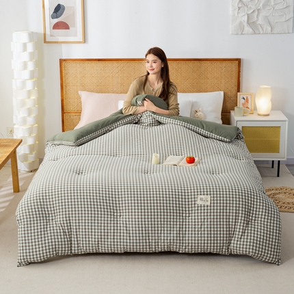 鸣升家纺 新款无印风全棉色织水洗棉100%棉花被冬被被子被芯 绿小格