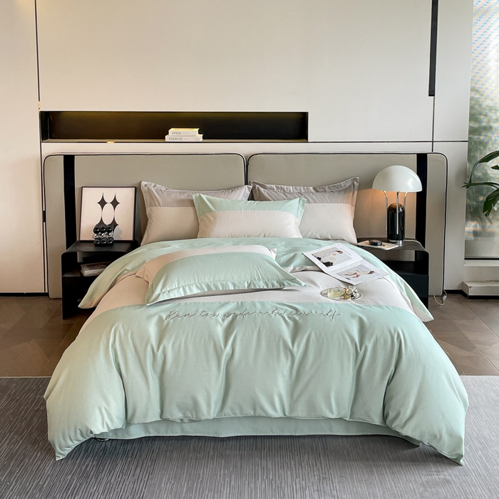 91家纺网 家纺一手货源 找家纺 金麦 2023新款全棉磨毛原棉宽边刺绣四件套系列-梦娜 梦娜-冰川灰