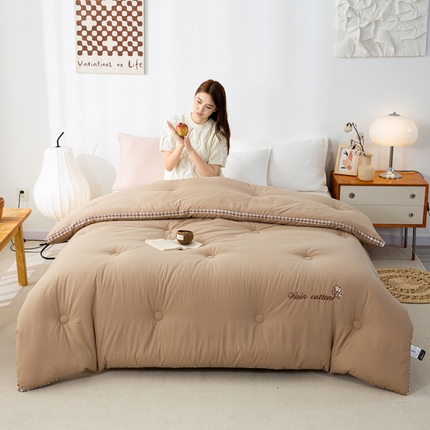 鸣升家纺 新款棋盘格全棉色织水洗棉棉花被冬被被子被芯 棋盘格--浅驼