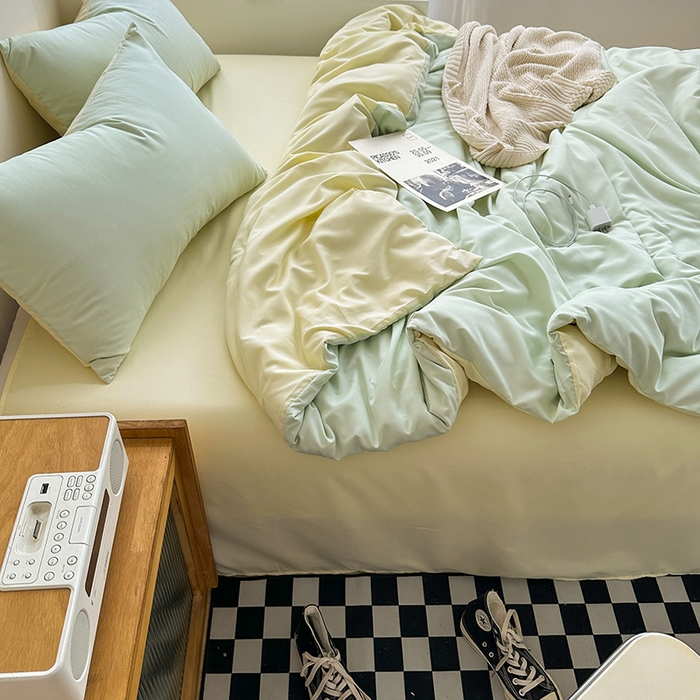 91家纺网 家纺一手货源 找家纺 优迈 新款纯色双拼水洗棉亲肤磨毛四件套-单被套枕套床笠双拼-薄荷芝士