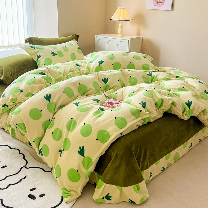 91家纺网 家纺一手货源 找家纺 呗旺鹿 2023新款高克重印花牛奶绒四件套直播 硕果