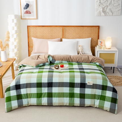 鸣升 23新款无印风全棉花被色织水洗棉100%冬被子被芯 海青鲜绿格