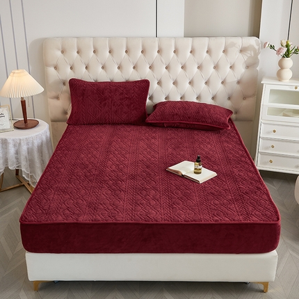 网客家纺 2024新款牛奶绒夹棉床笠三件套 牛奶绒夹棉床笠-红