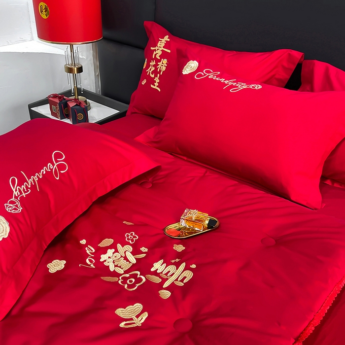 91家纺网 家纺一手货源 找家纺 卓缦家纺 2024新款蕾丝款婚庆喜被大红婚庆被春秋被冬被 小欢喜