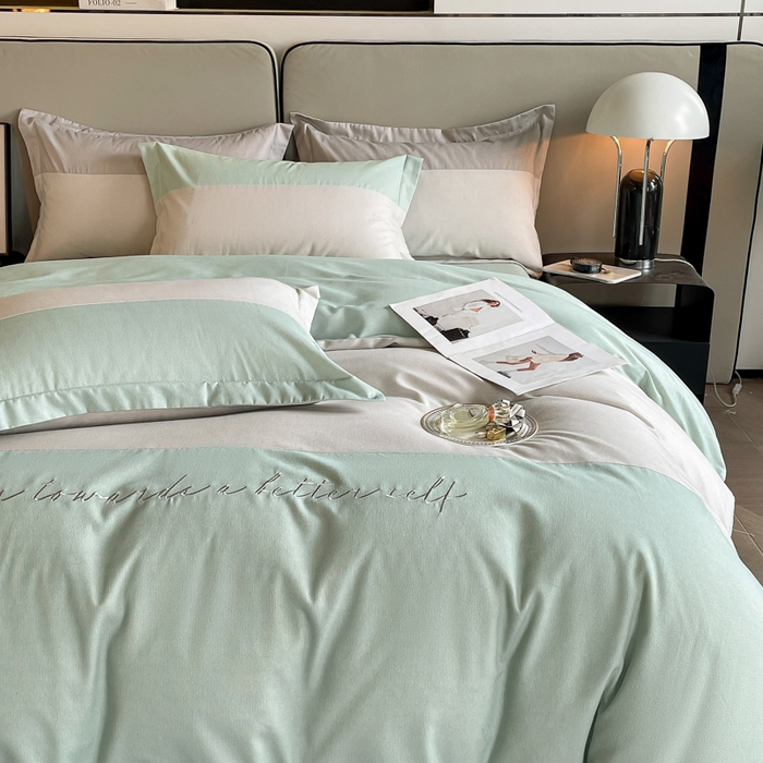 91家纺网 家纺一手货源 找家纺 金麦 2023新款全棉磨毛原棉宽边刺绣四件套系列-梦娜 梦娜-冰川灰