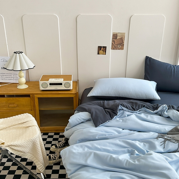 91家纺网 家纺一手货源 找家纺 优迈 新款纯色双拼水洗棉亲肤磨毛四件套-单被套枕套床笠双拼-海蓝灰