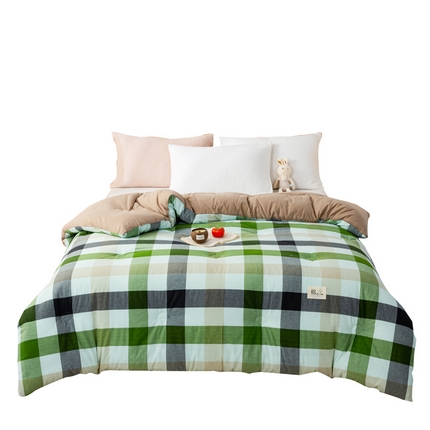 91家纺网 家纺一手货源 找家纺 鸣升 23新款无印风全棉花被色织水洗棉100%冬被子被芯 海青鲜绿格