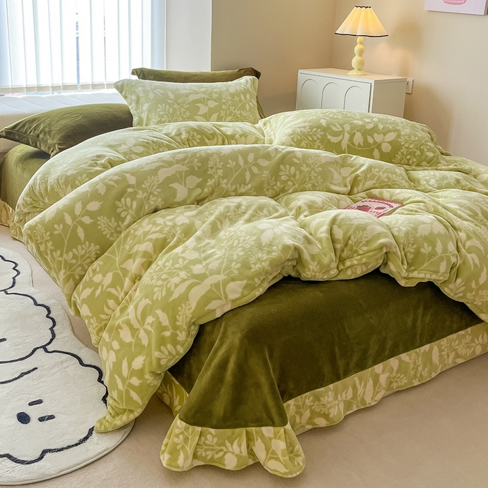 91家纺网 家纺一手货源 找家纺 呗旺鹿 2023新款高克重印花牛奶绒四件套直播 锦瑟