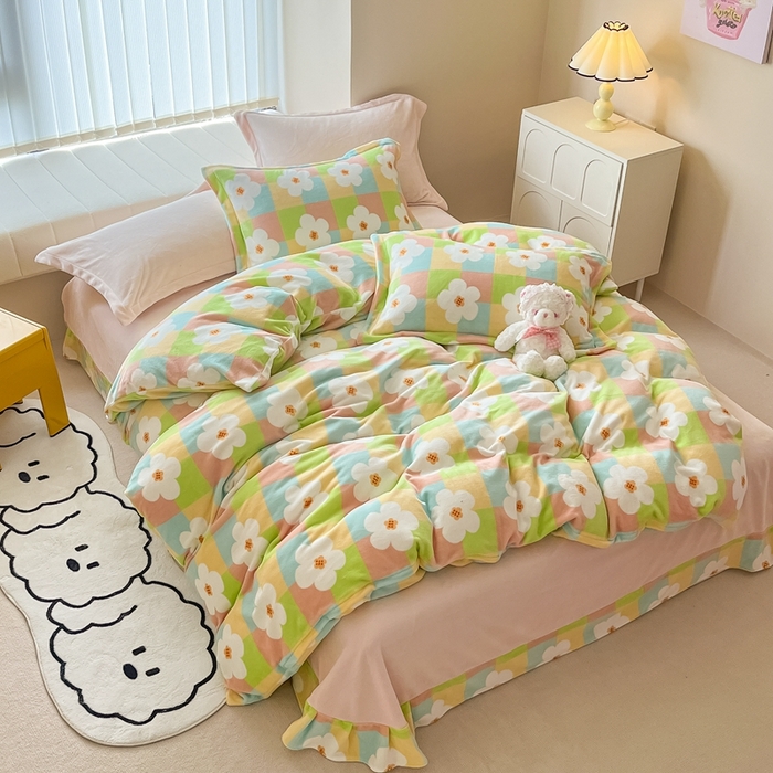 91家纺网 家纺一手货源 找家纺 呗旺鹿 2023新款高克重印花牛奶绒四件套直播 花漾