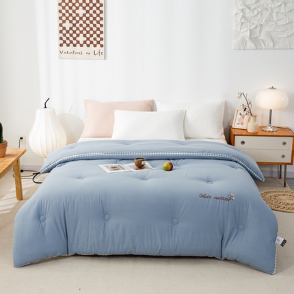 鸣升 23新款棋盘格全棉花被色织水洗棉100%冬被被子 棋盘格-浅蓝