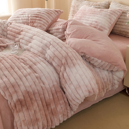 91家纺网 家纺一手货源 找家纺 山茶家纺 2023新款纯色高克重兔毛绒牛奶绒四件套 兔绒粉