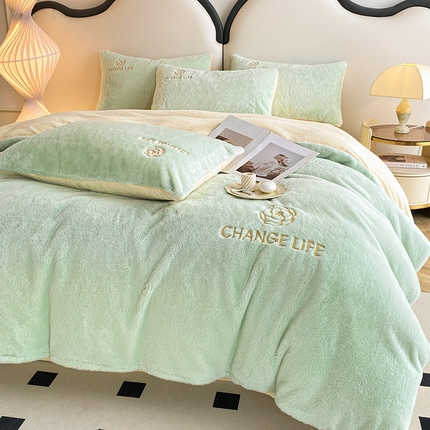 澳梵 2023新款【山茶花】小香风刺绣兔兔绒牛奶绒四件 山茶花-嫩绿