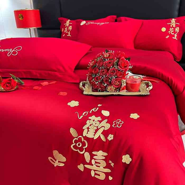 91家纺网 家纺一手货源 找家纺 卓缦家纺 2024新款蕾丝款婚庆喜被大红婚庆被春秋被冬被 小欢喜