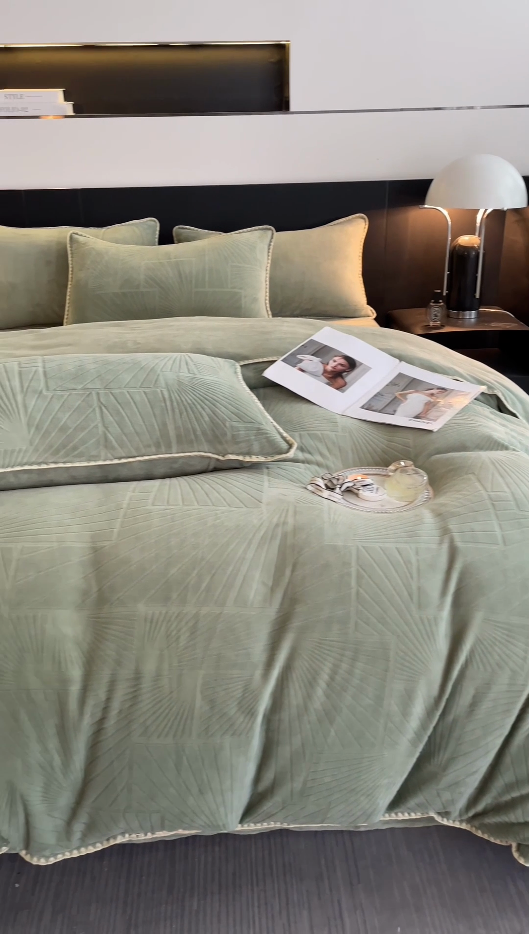 91家纺网 家纺一手货源 找家纺 澳梵 2023新款雕花牛奶绒贝壳边工艺四件套 贝拉-草绿