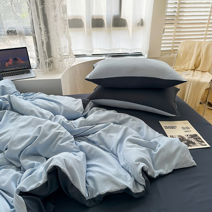 91家纺网 家纺一手货源 找家纺 优迈 新款纯色双拼水洗棉亲肤磨毛四件套-单被套枕套床笠双拼-海蓝灰