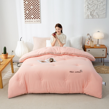 鸣升家纺 新款棋盘格全棉色织水洗棉棉花被冬被被子被芯 棋盘格--浅粉