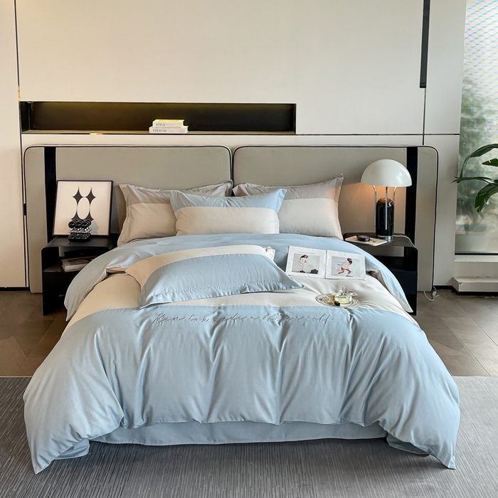 91家纺网 家纺一手货源 找家纺 金麦 2023新款全棉磨毛原棉宽边刺绣四件套系列-梦娜 梦娜-蓝