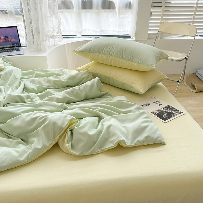 91家纺网 家纺一手货源 找家纺 优迈 新款纯色双拼水洗棉亲肤磨毛四件套-单被套枕套床笠双拼-薄荷芝士