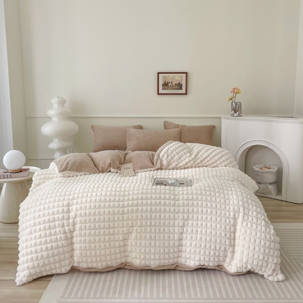 91家纺网 家纺一手货源 找家纺 喜梦缘 2025新款A类兔毛绒四件套 泡芙格-白+咖