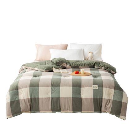 91家纺网 家纺一手货源 找家纺 鸣升 23新款无印风全棉花被色织水洗棉100%冬被子被芯 绿大格