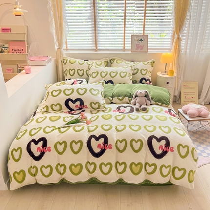 91家纺网 家纺一手货源 找家纺 川悦生活 2023新款加厚牛奶绒四件套 爱心多多