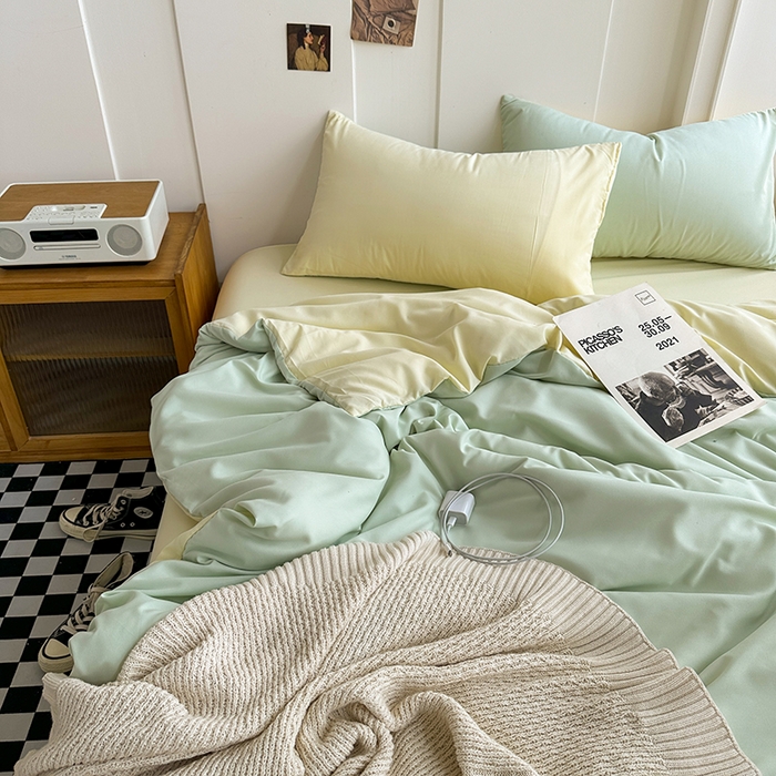 91家纺网 家纺一手货源 找家纺 优迈 新款纯色双拼水洗棉亲肤磨毛四件套-单被套枕套床笠双拼-薄荷芝士